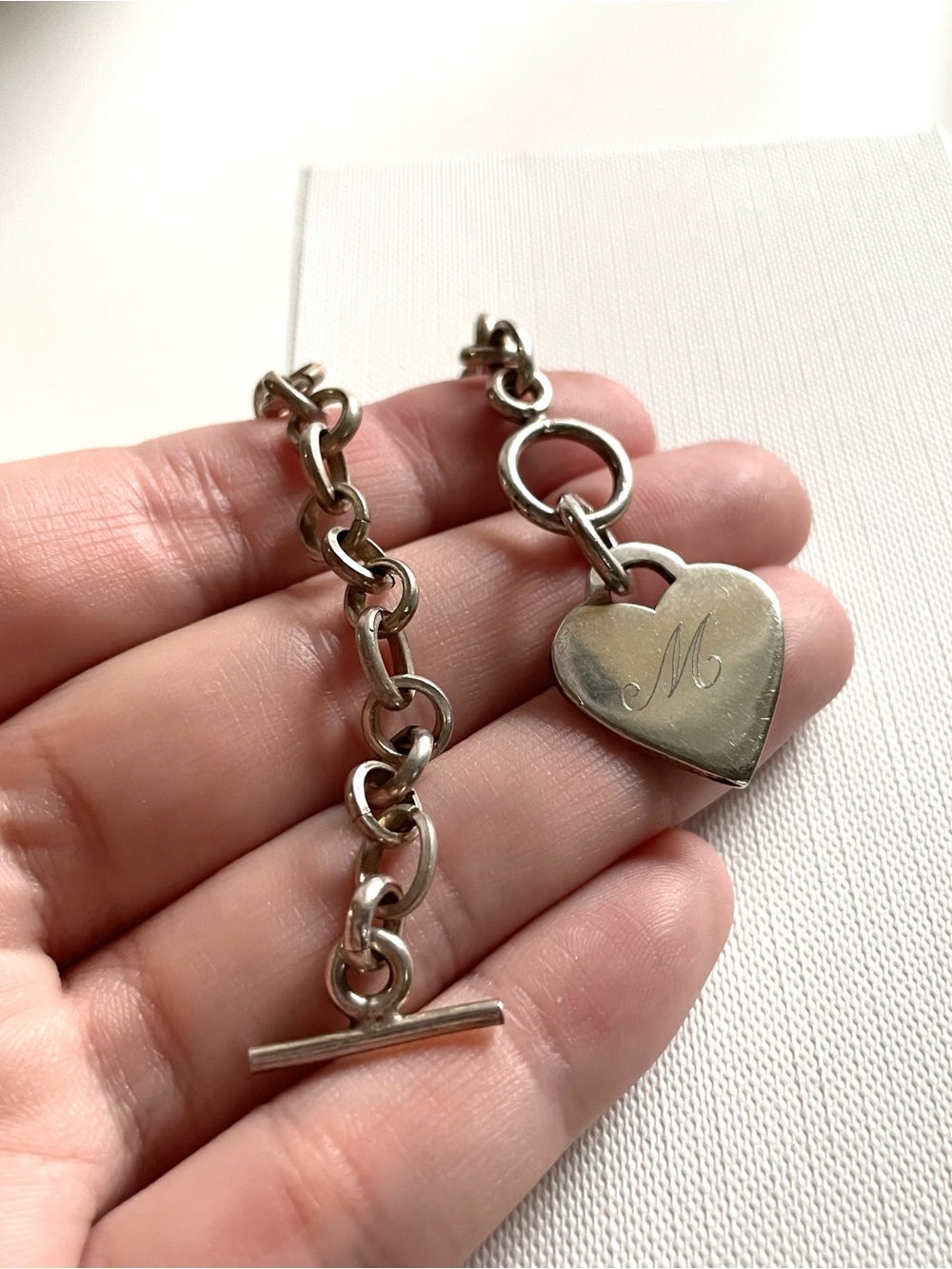 Sterling Silver Heart Chain Bracelet with Engraved 'M'